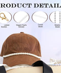 Brown baseball cap with detachable pearl hat chain featuring lobster clasps, elegant pearls, and metallic beads.