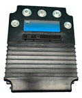 DC motor controller in black ribbed enclosure with blue label window and multiple terminal connectors