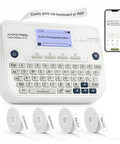 Sweet Setup Wireless Label Maker With Fast Typing Keyboard And Bluetooth Paired Smart App For Dang Easy Pantry Sorting And Crisp Desk Organization Comes Loaded With Four Reliable Tape Rolls, showing printer with keyboard and mobile app interface.