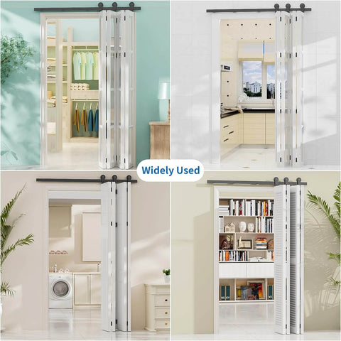 48-Inch Bifold Sliding Barn Door Hardware Kit For Four Doors With Top Mount Rollers installed in various home settings