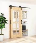 Five Foot Single Track Barn Door Hardware Kit for Double Wooden Doors With Flat Track Rollers installed in home interior