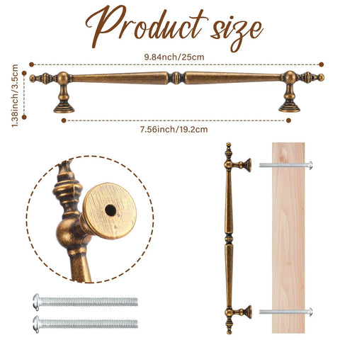 Antique Brass Cabinet Pulls 7.56 Inch Center-To-Center, 6.02 Inch Long Vintage Drawer Handles dimensions and details