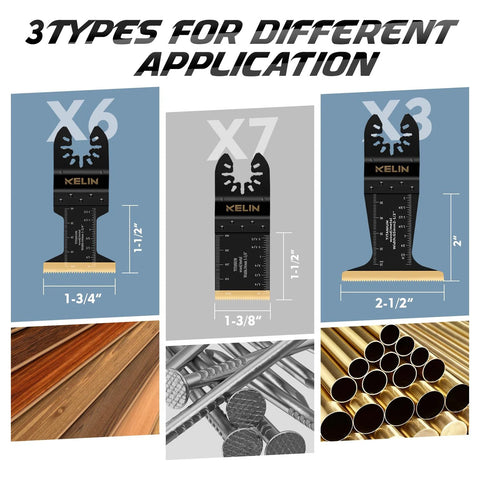 KELIN 16pc titanium oscillating tool blade set with three blade types; sizes 1-3/4, 1-3/8, 2-1/2 in.