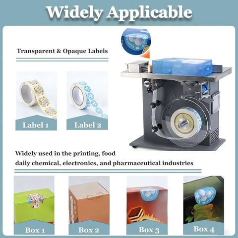 Semi Automatic Right Angle Label Applicator Machine With Microcomputer Control For High Accuracy Industrial Printing And Packaging Use Featuring 200W Power Output Efficiently Applying Fifteen To Thirty Labels Per Minute With Light Sensor Technology For showcasing label application on various boxes.