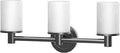 Latitude II 3 Light Matte Black Bathroom Vanity Light Fixture Wall Mounted Triple Sconce with frosted glass shades.