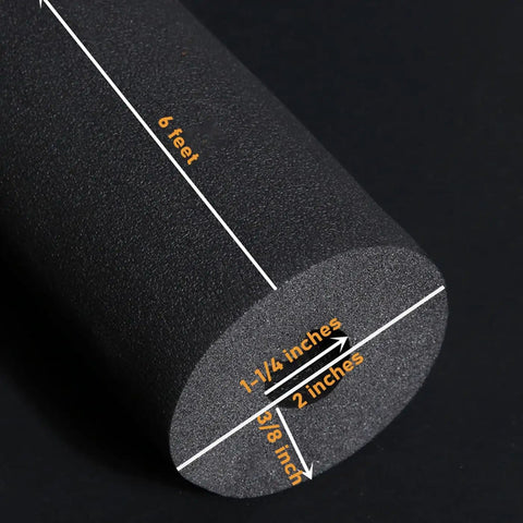 2 Pack 1-1/4 Inch Pipe Insulation Foam Tubing 6 Ft Long With 2 Inch Outer Diameter And 3/8 Inch Wall Thickness showing measurements