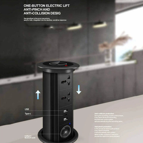Waterproof Pop Up Power Strip With Smart Lifting Mechanism For Desk And Kitchen Hidden Cable Management, showcasing USB ports and anti-pinch design.