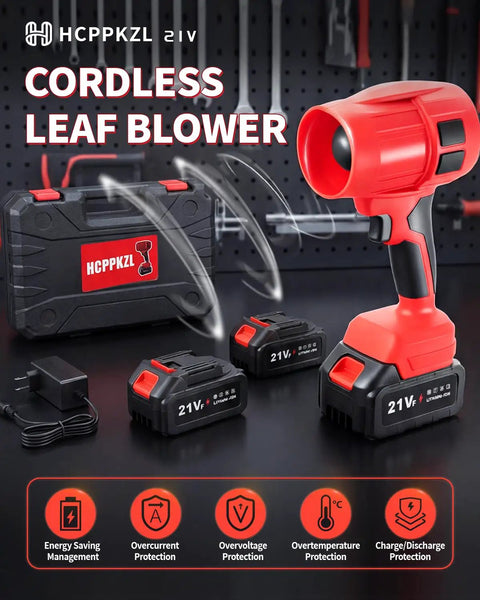 21V Cordless Leaf Blower with dual 4Ah batteries and fast charger, red handheld design, shown with case and accessories.