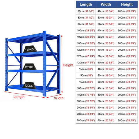 Heavy Duty Garage Shelving Unit, Adjustable Steel Storage Rack With No Sweat Snap Assembly, Rust Resistant Industrial Shelf dimensions chart.