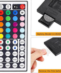 44 Key RGB LED Light Strip Controller With Infrared Remote, showing button details, battery CR2025 and film removal note