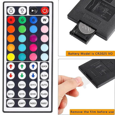 44 Key RGB LED Light Strip Controller With Infrared Remote, showing button details, battery CR2025 and film removal note