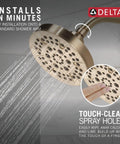 5-Setting Champagne Bronze Shower Head With High Pressure Spray And Pause Setting 6 Inch Round 1.75 GPM Flow Water Saving Full Body Power Showerhead For Modern Bathrooms