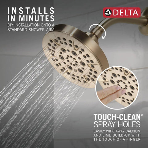 5-Setting Champagne Bronze Shower Head With High Pressure Spray And Pause Setting 6 Inch Round 1.75 GPM Flow Water Saving Full Body Power Showerhead For Modern Bathrooms