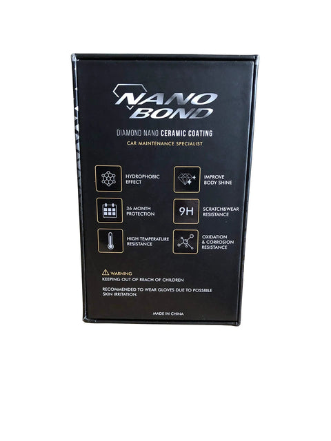 Packaging of 80 Percent SiO2 Nano Ceramic Coating for Cars, detailing features like hydrophobic effect and 36-month protection.
