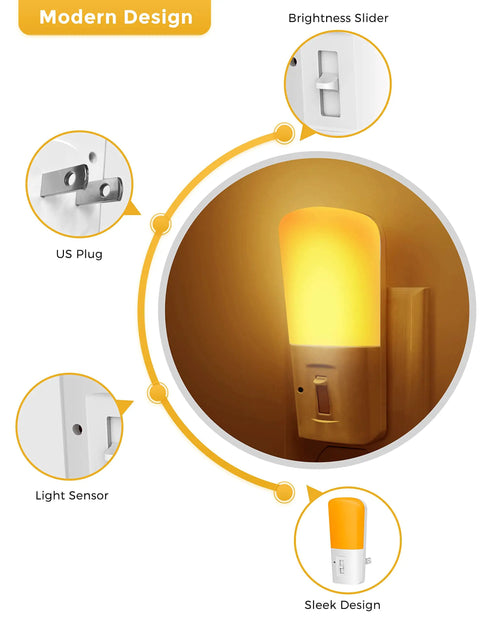 Diagram of Amber Night Light With Dusk To Dawn Sensor Dimmable Plug In LED Night Light For Kids And Nursery Hallway Stairway And Bedroom Low Blue Light Sleep Friendly Kid Safe Baby Safe Energy Saving 5 To 80 Lumens 2 Pack showing features like brightness slider, US plug, light sensor, and sleek design.