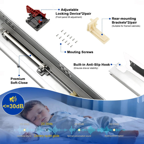 Beefy Heavy Duty 18 Inch Undermount Drawer Slides With Soft Close Full Extension Bottom Mount Cabinet Rails Zinc Plated 85 Lb Capacity Includes Mounting Hardware For Multi Drawer Replacement, soft-close parts and screws