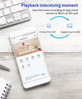 Smartphone display showing 1080P FHD Indoor WiFi Security Camera app with playback feature highlights.