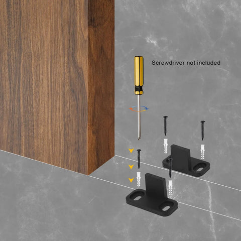 4 Set Barn Door Floor Guide Kit Black Plastic Bottom Floor Mount Guides for Sliding Doors, installation diagram with screws.