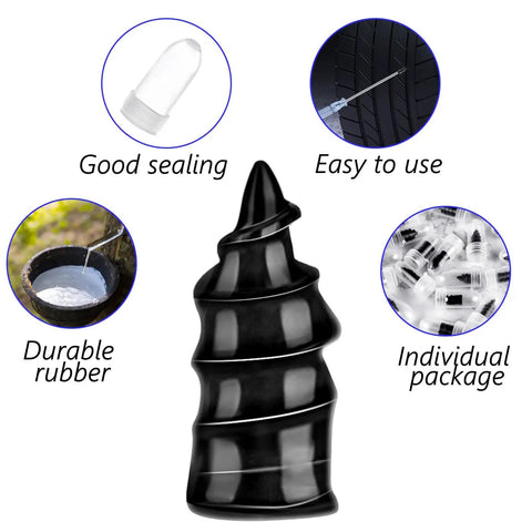 Close-up image of a rubber plug from the 30 Pcs Tire Repair Screws Self Tapping Rubber Plugs Kit With Screwdriver And Storage Box, DIY Tire Patch, showing durable rubber material and individual packaging.