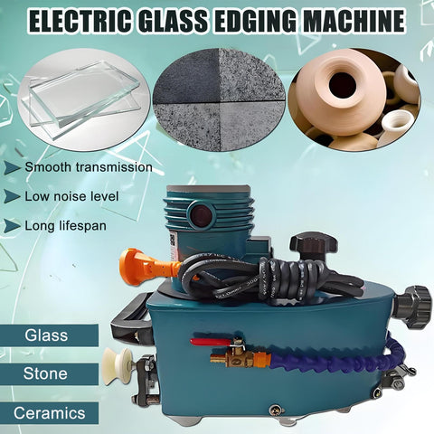 Handheld Glass Edge Polishing Grinder, Portable Electric Glass Beveling Machine with 8000 RPM, shown with 8 diamond wheels.