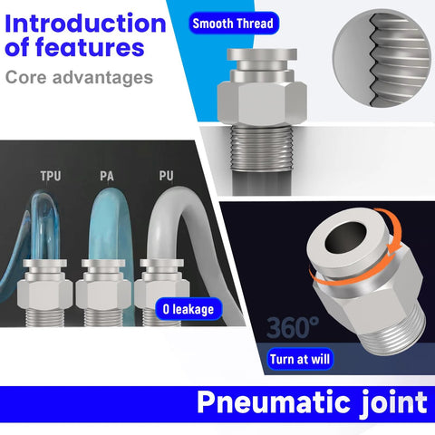 Collage of six 304 stainless steel straight push-to-connect pneumatic fittings for 1/4 inch NPT threads and 1/4 inch OD tubes
