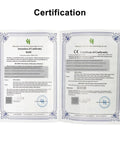 Certification documents displaying attestation of conformity and CE certificate with blue decorative borders.