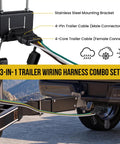 Built Like A Tank Four Way Flat Trailer Wiring Harness And Bracket Set With Dust Caps 16 Gauge Vehicle Side Towing Electrical Cords Hassle Free 3 Piece Plug And Play Kit with stainless steel bracket and connectors.