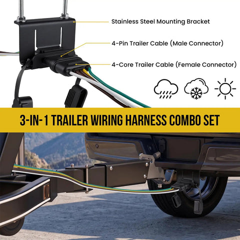 Built Like A Tank Four Way Flat Trailer Wiring Harness And Bracket Set With Dust Caps 16 Gauge Vehicle Side Towing Electrical Cords Hassle Free 3 Piece Plug And Play Kit with stainless steel bracket and connectors.