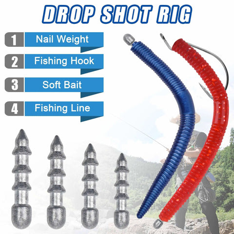 Bass Fishing Nail Sinkers Set 70 Pieces With Four Sizes One Thirty Second Ounce One Twenty Fifth Ounce One Sixteenth Ounce One Eighth Ounce Insert Weights For Plastic Worms Soft Plastic Baits Neko Rig And Wacky Rig Tackle shown with soft baits and hooks.