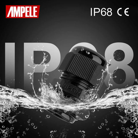 20 Pack Waterproof Nylon Adjustable Cable Glands 1/2 Inch NPT For 6-12mm Cables With Gaskets IP68 Seal displayed with water