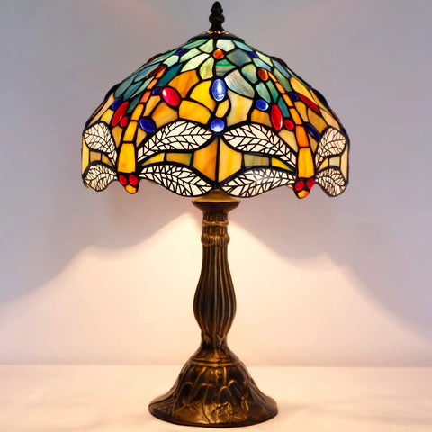 Sea Blue And Yellow Stained Glass Dragonfly Tiffany Table Lamp Dope Nautical Reading Desk Bedside Light For Bedroom Living Room And Home Office Decor 12 Inch Shade 18 Inch Tall UL Listed green bronze base