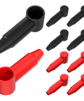 Ten Pack Silicone Battery Terminal Covers For Car Truck RV And Solar Posts One Quarter Inch Five Sixteenths Inch And Three Eighths Inch Stud Terminal Protector Boots For Heavy Gauge Cables in red and black shown from multiple angles.