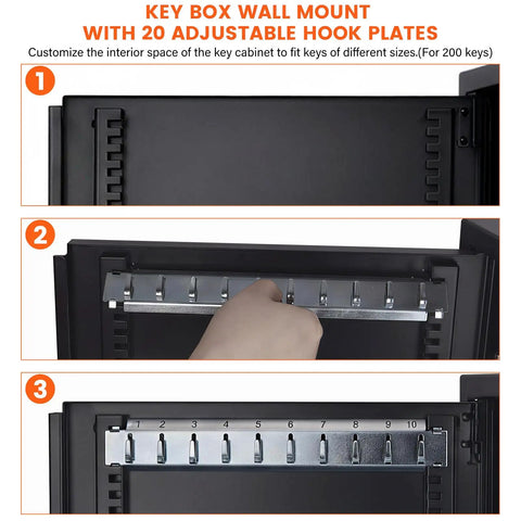 Adjusting hook plates inside 440 Key Lock Box With Wall Mount And Dual Doors Beefy Heavy Duty Steel Key Cabinet 20 Adjustable Hook Plates Index Log And Tags 440 Key Storage For Garage And Home Office Security Black