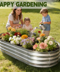 Galvanized Raised Garden Bed 4x2x1ft Planter Box For Vegetables, Fruits, And Flowers in backyard setting with family gardening