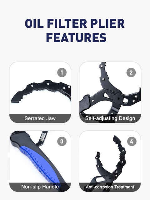 Image showing features of an adjustable oil filter wrench with serrated jaw, self-adjusting design, non-slip handle, and anti-corrosion treatment.
