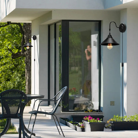 Outdoor scene with black industrial gooseneck lamp showing Plug In Wall Sconces Two Pack Black Industrial Gooseneck Lamps UL Certified E26 Base