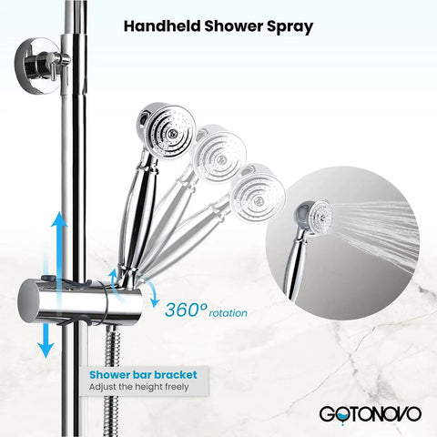 No Fuss All In One Rain Shower Fixture For Bathroom With 8 Inch Round Shower Head, Wall Mount, 3 Function Handheld Sprayer