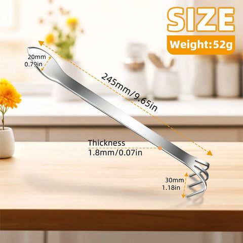 Three Prong Root Rake For Gardening Stainless Steel Easy To Use Soil Loosener Tool Set For Bonsai And Plants on table with measurements