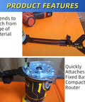 Bang On Edge Guide For Fixed Base Compact Router No Sweat Quick Swap Mounts Compatible With Dewalt And Porter Cable Bases shows 3-inch extension feature and quick attachment to router.