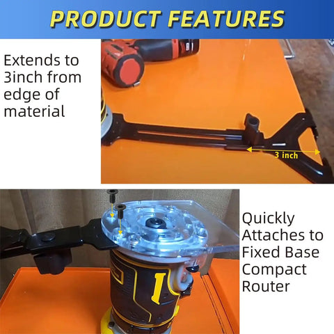 Bang On Edge Guide For Fixed Base Compact Router No Sweat Quick Swap Mounts Compatible With Dewalt And Porter Cable Bases shows 3-inch extension feature and quick attachment to router.