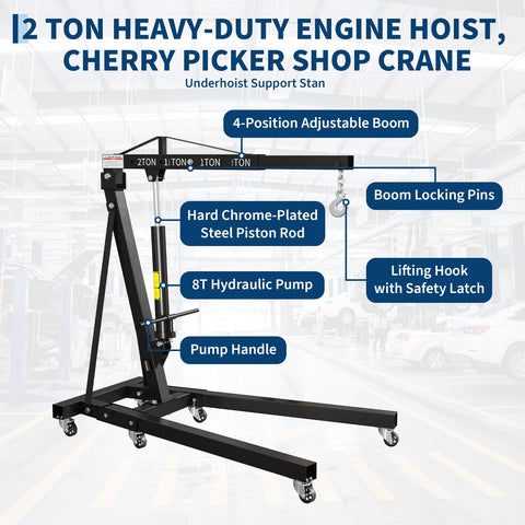 Top Shelf 2 Ton Folding Engine Hoist Paired With Three Quarter Underhoist Support Stand Kit Featuring Adjustable Boom And Rust Proof Steel for lifting engines.