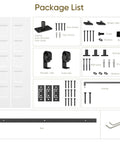 Package list for 36 X 84 Inch White Primed Five Panel Bifold Barn Door Ready To Paint, includes hardware and installation tools.