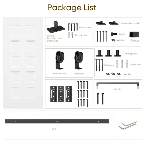 Package list for 36 X 84 Inch White Primed Five Panel Bifold Barn Door Ready To Paint, includes hardware and installation tools.