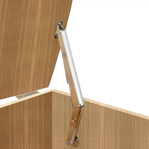 Two Pack 250N Lid Support Hinges For Toy Boxes installed on a wooden chest lid, slow close, supporting open lid view