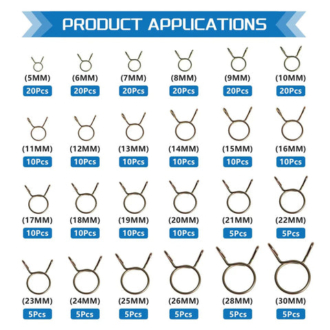 260 Piece Spring Hose Clamps Set 24 Sizes 5 To 30 Mm Heavy Duty 72A Spring Steel Clips in labeled application chart