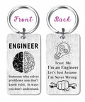 Engineer Gifts Keychain For Software Data Mechanical And Electrical Engineers with engraved humorous quotes, front and back view.
