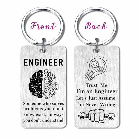 Engineer Gifts Keychain For Software Data Mechanical And Electrical Engineers with engraved humorous quotes, front and back view.