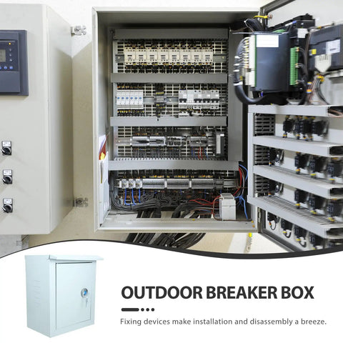 Tough As Nails Outdoor Waterproof Junction Box For Low Voltage Circuits, showing open electrical panel with cables and breakers.