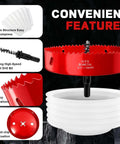 Front view of a red 6.25-inch bi-metal hole saw for recessed lighting with dust bowl and white collapsible collector.