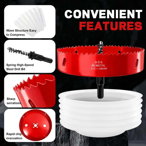 Front view of a red 6.25-inch bi-metal hole saw for recessed lighting with dust bowl and white collapsible collector.